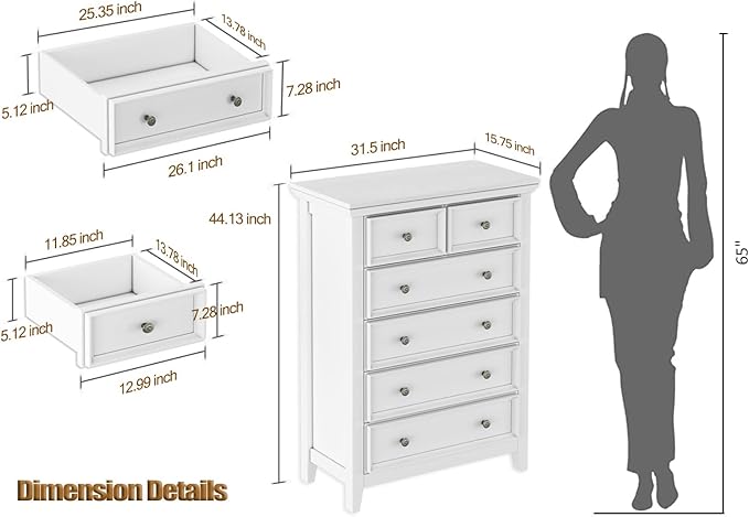BLANKSPACE White Farmhouse Dresser, 6 Chest Drawer Dresser for Bedroom, Large Capacity Nightstand, Modern Tall Wood Cabinet for Bedroom, Living Room, Closets, Hallway