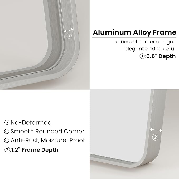 Brushed Nickel Bathroom Mirror 24x36 Inch, Brushed Silver Metal Frame Mirror Wall Mounted, Rounded Rectangle Bathroom Vanity Mirror, Tempered Glass, Anti-Rust, Horizontal/Vertical