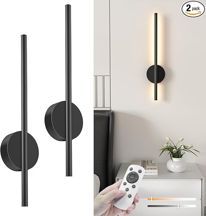 NIORSUN 15.7 Inch Battery Operated Wall Sconce Set of 2, Black Minimalism Rechargeable Wall Lights with Remote, 3CCT Dimmable Wireless Wall Lamp for Living Room Bedroom Hallway