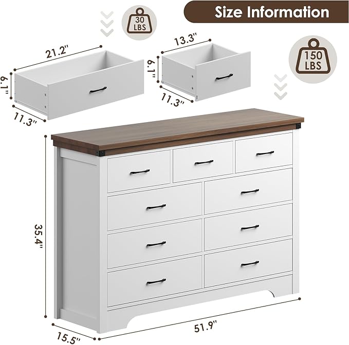 Farmhouse 9 Drawer Dresser for Bedroom, 52" Wide Chest of Drawers, Wooden Dresser TV Stand, Storage Dressers Organizer for Bedroom, Living Room, Hallway, White