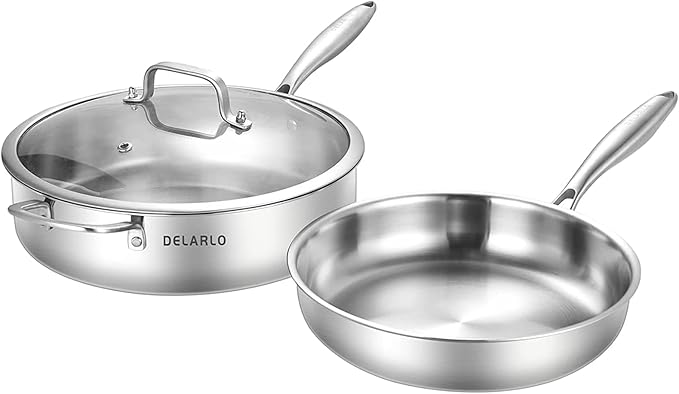 DELARLO Tri-Ply Stainless Steel Saute Pan Set With Lid Kitchen Cookware Set,Frying Pan Set Heats quickly Cookware, Suitable for All Stove Kitchen, Pots and Pans set