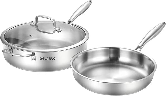 DELARLO Tri-Ply Stainless Steel Saute Pan Set With Lid Kitchen Cookware Set,Frying Pan Set Heats quickly Cookware, Suitable for All Stove Kitchen, Pots and Pans set