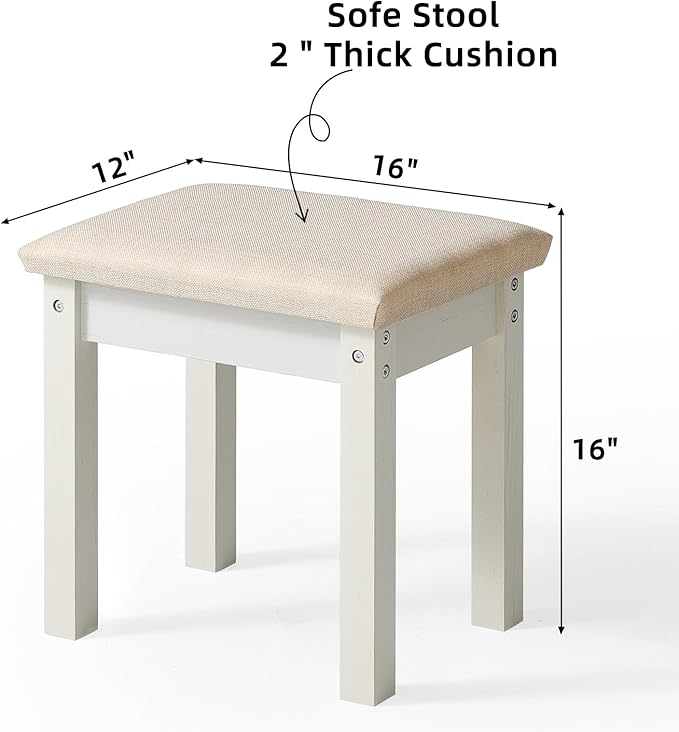 LEYAOYAO Vanity Stool, Elegant Makeup Stool with Comfortable Fabric Cushion, Sturdy Wooden Frame, Modern Vanity Bench for Bedroom and Bathroom-White