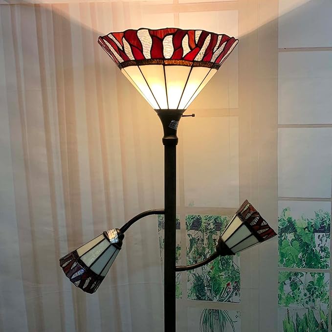 Bieye L10838 Fire Flame Tiffany Style Stained Glass Torchiere Floor Lamp with Sidelights for Reading, 70-inches Tall (Flame, Red)