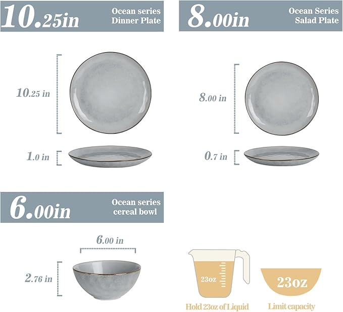 Famiware Dinnerware Sets for 4, Ocean Round 12-Piece Kitchen Plates and Bowls Sets, Reactive Glaze, Microwave and Dishwasher Safe, Scratch Resistant, Grey