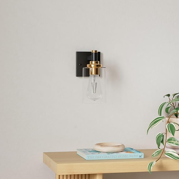 Black and Gold Wall Sconces Set of Two Bathroom Light Fixtures Brass Sconces Wall Lighting Modern Wall Light Fixtures with Glass Shade Rustic Wall Lamps for Bedroom Hallway Kitchen Living Room