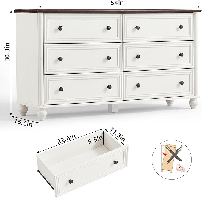 6 Drawers Dresser for Bedroom, Farmhouse 54" Wide Wood Dressers Chest of Drawers, Vintage Design TV Stand, Rustic Storage Dresser Organizer with Metal Handle Closet for Living Room, Hallway
