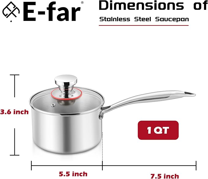 E-far 1-Quart Saucepan, Tri-Ply Stainless Steel Sauce Pan with Glass Lid, Small Cooking Induction Pot Compatible with All Cooktops, Non Toxic, Oven & Dishwasher Safe