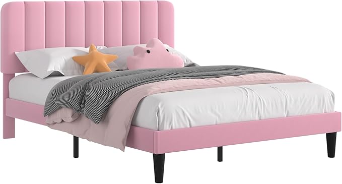 VECELO Full Size Bed Frame with Upholstered Headboard, Velvet Platform Bedframe Mattress Foundation, Strong Wood Slat Support, No Box Spring Needed, Pink