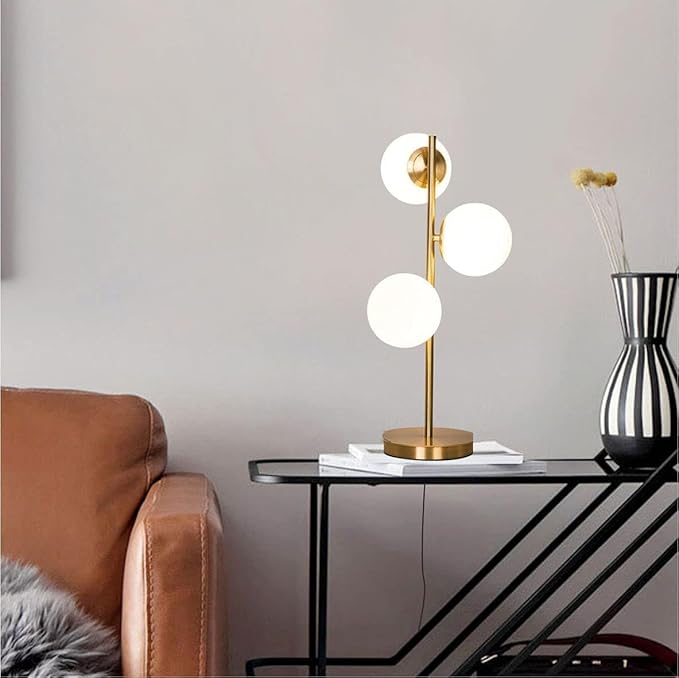 Modern Gold Globe Table Lamp Mid Century 3-Light Desk Lamp with Milk White Glass Shade Metal Base Nightstand Lamp for Bedroom Bedside End Table,G9 Bulb(Not Included)