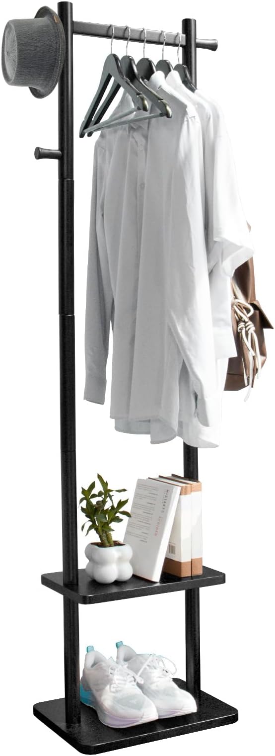 Coat Rack,Freestanding Hall Tree for Entryway Home Bedroom Office,Sturdy Wooden Coat Hanger Stand for Clothes Jacket Hats Bags(Black)