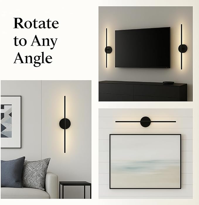 Wireless USB Rechargeable LED Wall Sconce Light (Set Of Two), Cordless Dimmable 3-light option, 360⁰ Rotateable with Remote Control for Bedroom, Bathroom, Living Room & Hallway. 28.3 inches (Black)