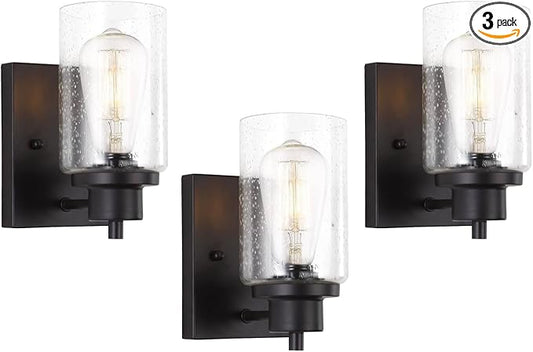 3 Pack Bath Vanity Light Fixtures Wall Sconce, Modern Indoor Bathroom Wall Lights with Seeded Glass, Black Wall Light Fixtures for Bedroom Mirror Kitchen Living Room Entryway Patio