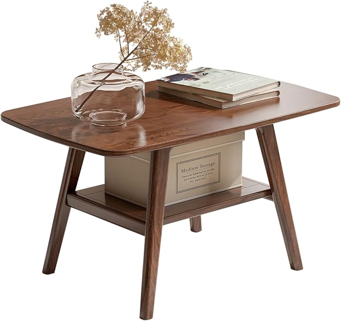 100% Solid Oak Wood Coffee Table for Living Room, 2-Tier Small Table with Storage Shelf, Mid Century Modern Coffee Tables (Walnut, 31.49“ x 22.05” x 17.32“)