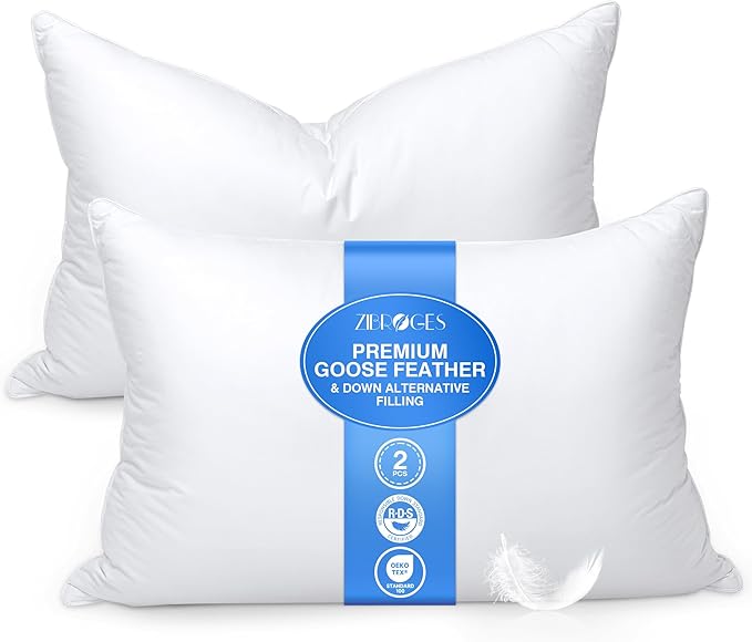 Goose Feather Pillow Queen Size Pack of 2 - Hotel Down Bed Pillows for Sleeping, Soft 600 Thread Count Cotton Cover, Fluffy Support Surround Fill Polyester for Back, Stomach, Side Sleepers