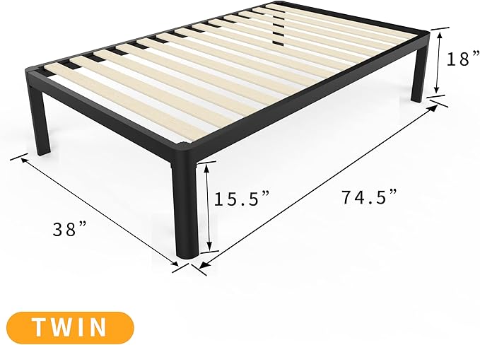 MAF Metal 18 Inch Twin Platform Bed Frame with Anti-Collision Round Legs, Black 3500 Lbs Heavy Duty Bed Frame with Wood Slats, No Box Spring Needed, Easy Assembly