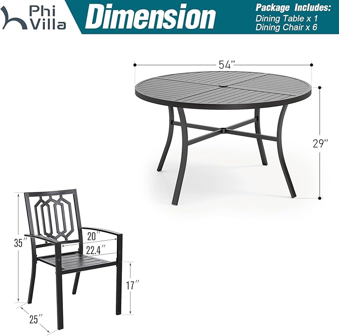 PHI VILLA 7 Pieces Outdoor Round Dining Set for 6, Wrought Iron Dining Circular Table with Umbrella Hole & Stackable Metal Steel Chairs, Large Dining Furniture Set for Patio, Deck, Yard, Porch