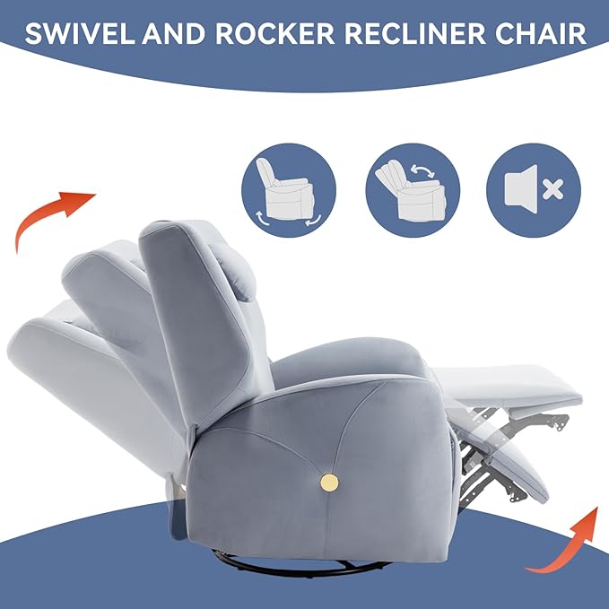 Power Recliner Chairs for Women, 270° Swivel Recliner Rocker Chair with Charging Ports, Reclining Rocking Glider Chair for Nursery, Polyester Fabric Blue