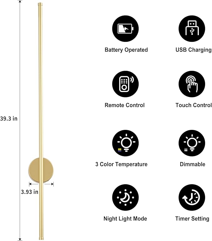 Battery Operated Modern Wall Sconces,Dimmable Wireless Wall Light Set of Two with Remote Control,3 Color Temperatures,Rechargeable LED Wall Sconce for Bedroom,Living Room,Hallway,39.3 Inch, Gold