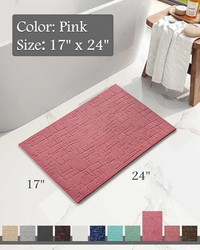 AMOAMI-Bath Mat-Absorbent Quick Dry Bathroom Floor Mats-Washable Rubber Backing Bath Mats for Bathroom Rugs Fit Under Door-Bath Rug for in Front of Sink Bathtub Shower Room, Pink 17''x24''