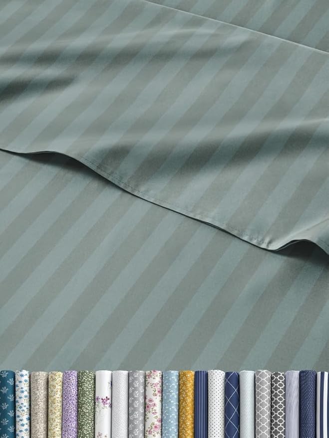 Striped Sheets - Green Striped Sheets - 1 Flat & 1 Fitted & 1 Pillowcase w/ Deep Pockets – Wrinkle & Fade Resistant - Ultra-Soft, Breathable and Cooling – Luxury Pinstripe Bedding - Twin Size Bed Set