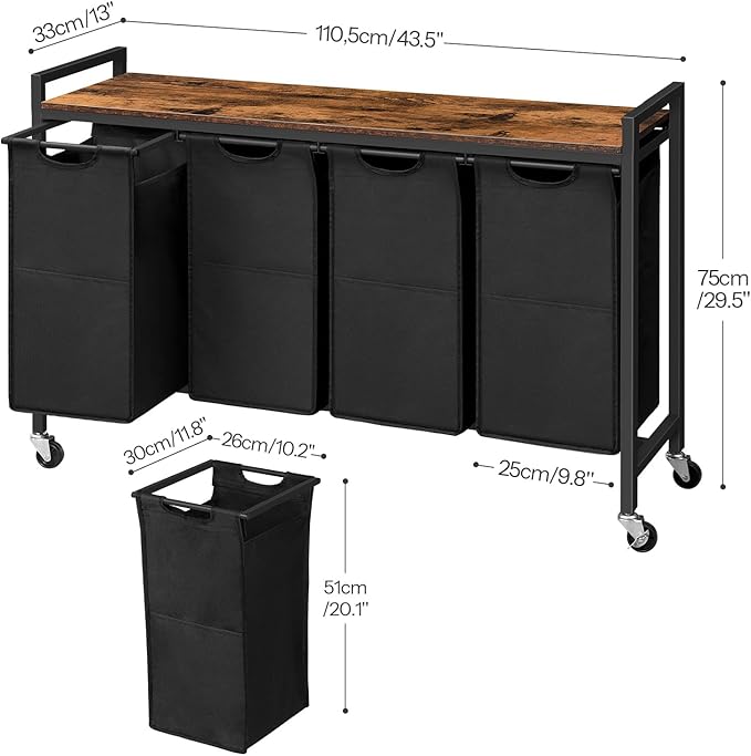 HOOBRO Laundry Sorter 4 Sections, Laundry Hamper with Wheels, 4 × 10.5 Gal (40 L), Rolling Laundry Basket, Pull-Out and Removable Oxford Fabric Bags, Rustic Brown and Black BF04XY01