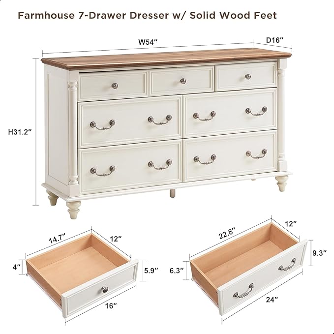 T4TREAM Farmhouse 7 Drawers Dresser Chests for Bedroom with 4 Solid Wood Feet, Tall Wide Wood Country Rustic Chest of Drawers, Storage Dressers for Bedroom, Living Room, Antique White