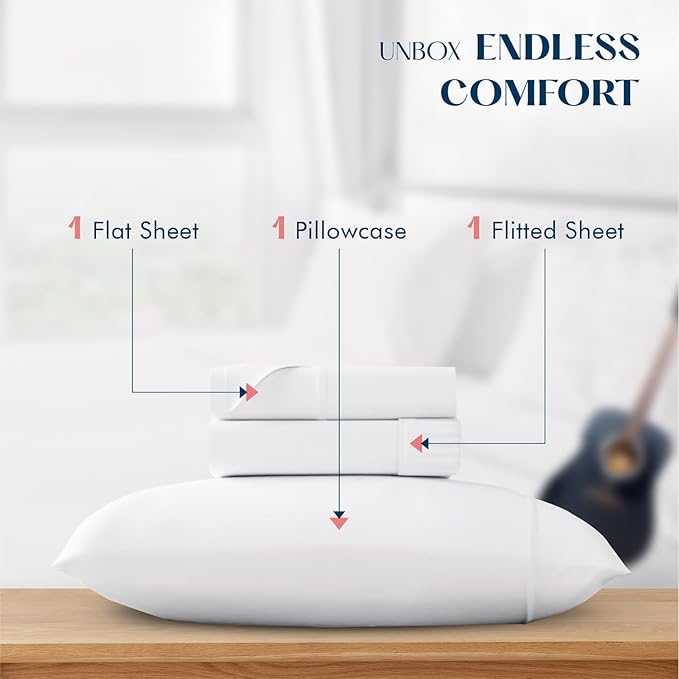 XOOX Linen 100% Cotton Twin Sheets Set - 500 Thread Count Cotton Sheets Twin Size, Extra Soft, Sateen Weave, Cooling Deep Pocket Bed Sheet for Dorm Room, Luxury Hotel Quality Bedding (3 PC, White)