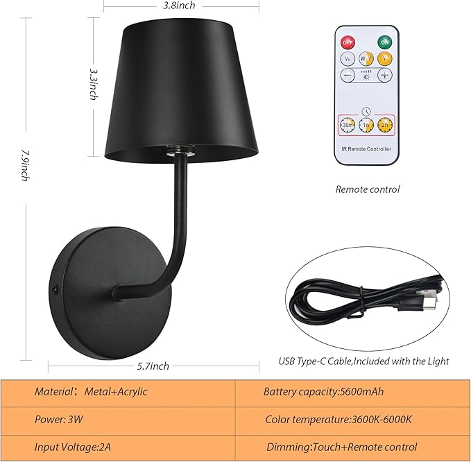 LED Wireless Wall Lamp Set of 2, with 5600mAh Rechargeable Battery Powered Wall Sconces, Touch for Remote Control Infinite Dimming Be Used for Bedroom Mirror Living Room Wall Painting (Black)