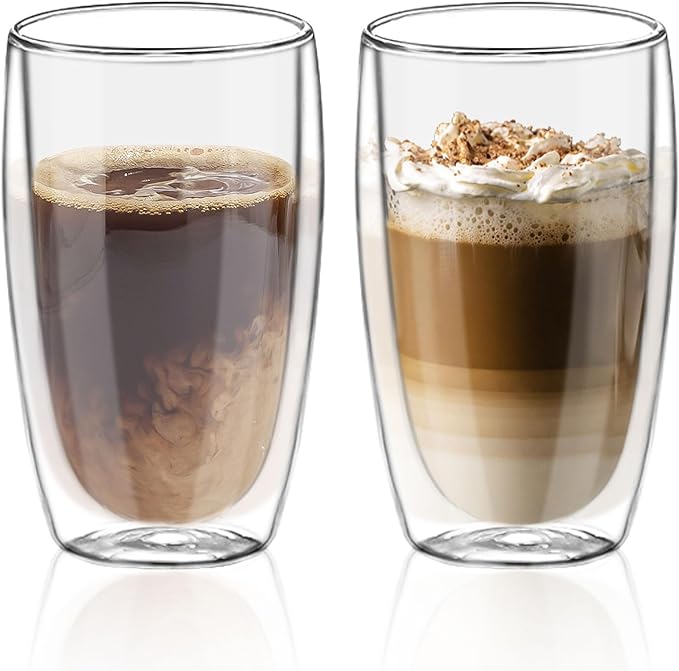 Double Wall Glass Coffee Mugs Set of 2, 15oz/440ml Insulated Glass Mugs for Hot Beverages, Large Clear Coffee Cups for Espresso, Tea, Latte, Cappuccino