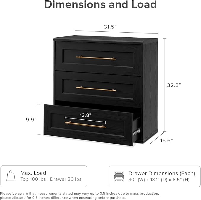 mopio Blake 3 Drawer Dresser for Bedroom, Chest of Drawers, Wood Organizer, Modern Farmhouse, Tall Night Stand, Enhanced Safety, Sturdy Compliant (1, Black Oak, One Size)