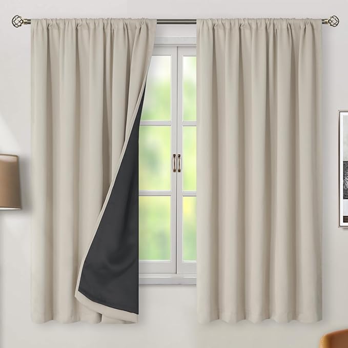BGment 100% Room Darkening Thermal Insulated Blackout Curtains 63 Inches Long with Liner, Rod Pocket and Back Tab Double Layer Noise Reduce Curtains for Bedroom (52 x 63 Inch, 2 Panels, Cashmere)