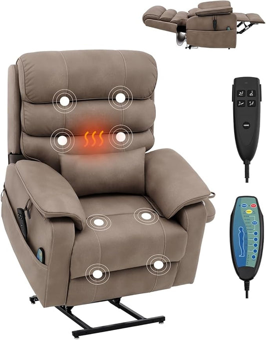 VEVOR Power Lift Recliner Chair, Dual Motor Lift Chair with Heat and Massage for Elderly, Infinite Position Adjustment Electric Recliner with a Cup Holder (Medium-Wide, Light Brown)