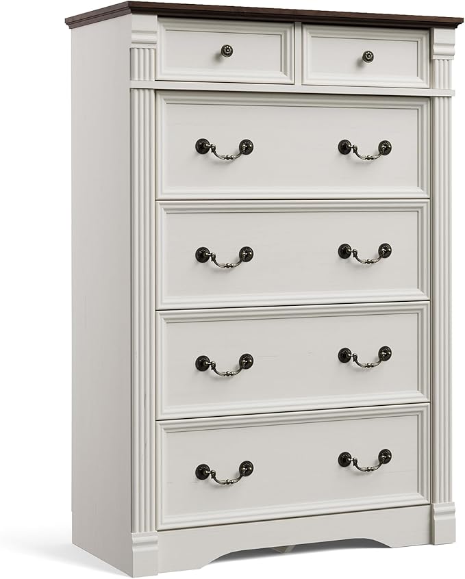 Yaamizz Farmhouse Dresser for Bedroom, 47" Tall 6 Drawer Dresser Storage with Wood Pilasters and Metal Handles, Vintage Design, Drawer Organizer for Bedroom, Hallway, White