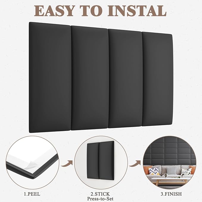Upholstered Headboard for King Size Bed, Wall Mounted & Peel and Stick Headboard, Soundproof DIY Wall Panels, Leather Head Board in Modern Design for Bedroom (12 Panels, Each 23.62"x9.84"