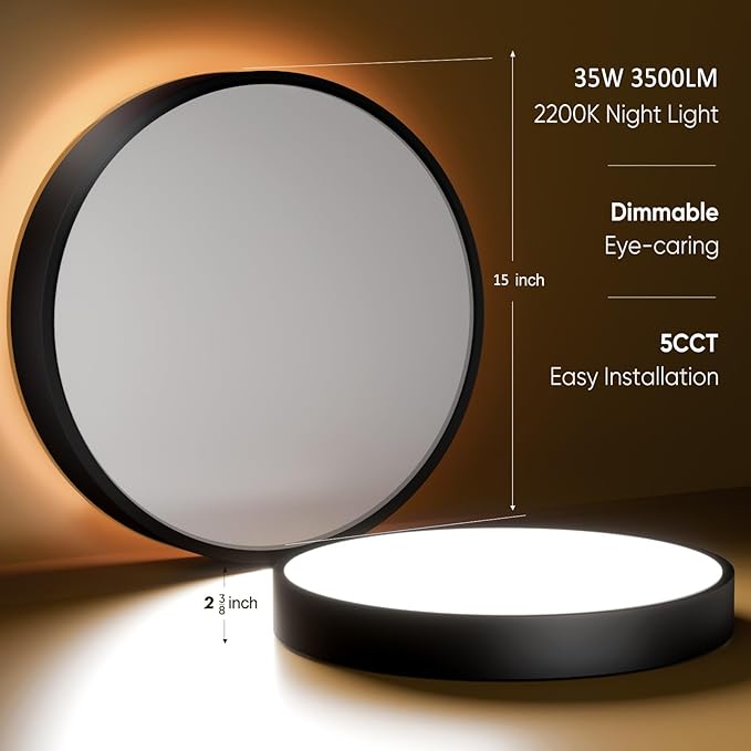 15 Inch Flush Mount Ceiling Light with Remote Control & Night Light, 5CCT Dimmable Ceiling Light Fixture, 35W 3500LM 2700K-6500K Adjustable LED Ceiling Lights for Bedroom Kitchen, White Gold