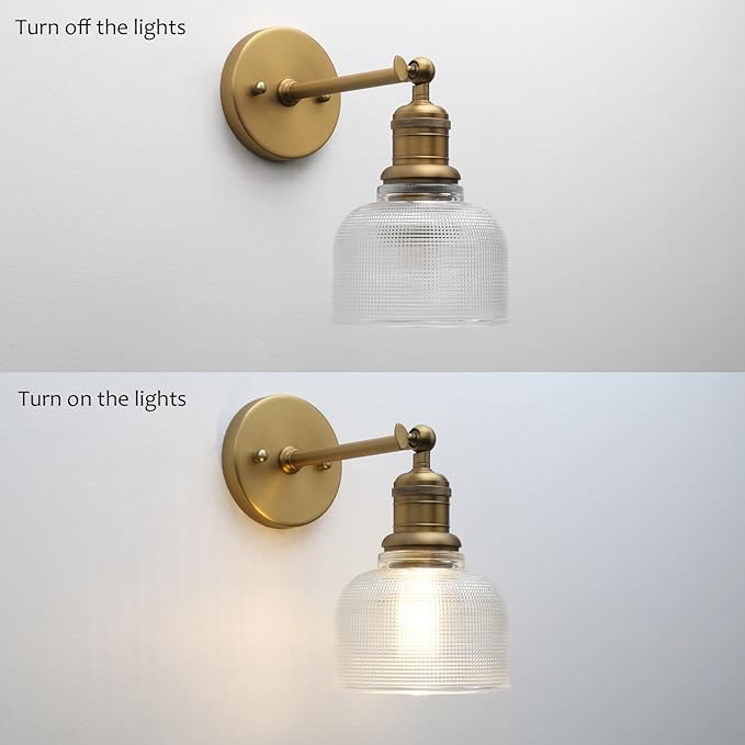 Yosoan Brass Gold Boho Vintage Wall Sconce with Striped Bowl Shade, 1-Light Modern Vanity Industrial Wall Mounted Hardwired Texture Glass Shade for Living Room Bedroom Fireplace Hallway(Antique)