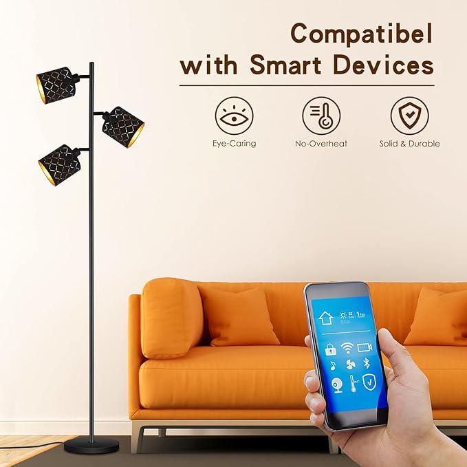 Industrial Floor Lamps for Living Room, Tree Standing Lamp for Bedroom with Adjustable 3-Light, 4W E12 LED Bulb, Modern Stand Up Lamps, Metal Tall Rustic Pole Lamp, Vintage Farmhouse Floor Lamp