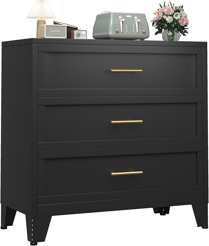 Metal Dresser for Bedroom 3 Drawers Dresser Metal Storage Dressers Organizer,34.25" H Black Drawer Chest, Closet Organizers for Living Room, Hallway, Closet