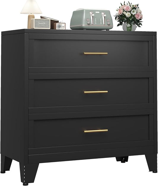 Metal Dresser for Bedroom 3 Drawers Dresser Metal Storage Dressers Organizer,34.25" H Black Drawer Chest, Closet Organizers for Living Room, Hallway, Closet