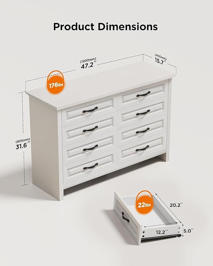 Pipishell White 8 Drawers Dresser for Bedroom, 47" Wide Wood Rustic Chest of Drawers with Bar Handles, Farmhouse Storage Dressers Organizer for Bedroom, Living Room, Hallway, White