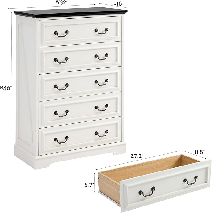 Farmhouse 5 Drawers Dresser for Bedroom, 46" Tall Modern Chest of Drawers with Metal Handle, Rustic Dresser TV Stand, Wood Drawer Organizer for Bedroom, Living Room, Hallway (White)