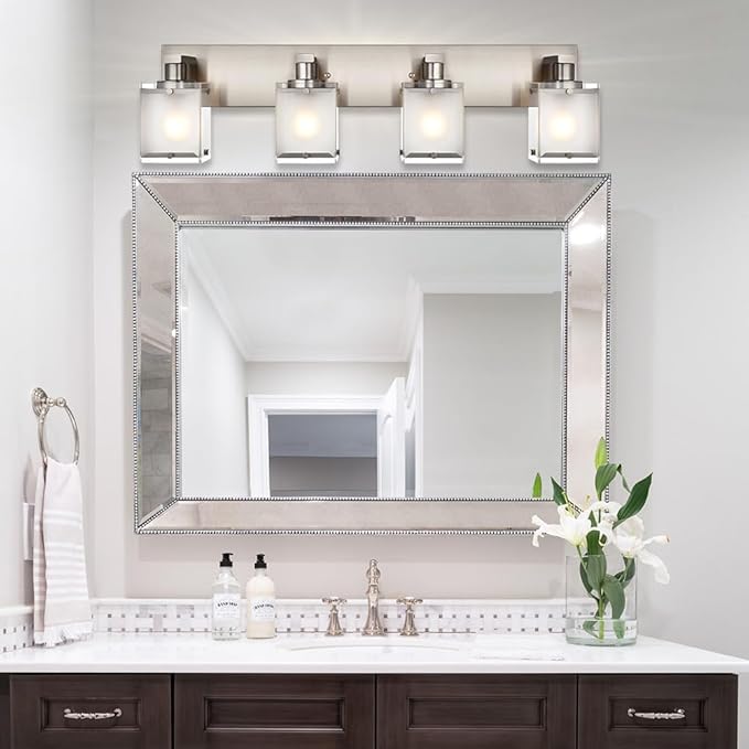 4-Lights Bathroom Light Fixtures Over Mirror, Brushed Nickel Vanity Wall Mounted Lighting with Frosted Glass for Kitchen Living Room, E26 Bulb Base