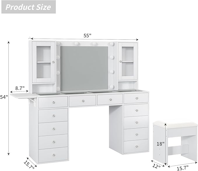 Vanity with Mirror and 10 LED Lights,Vanity Desk with Power Outlet, Makeup Vanity with 12 Drawers and 2 Cabinets, Fold-up Panel, Glass Top Vanity Table with Chair for Bedroom, White