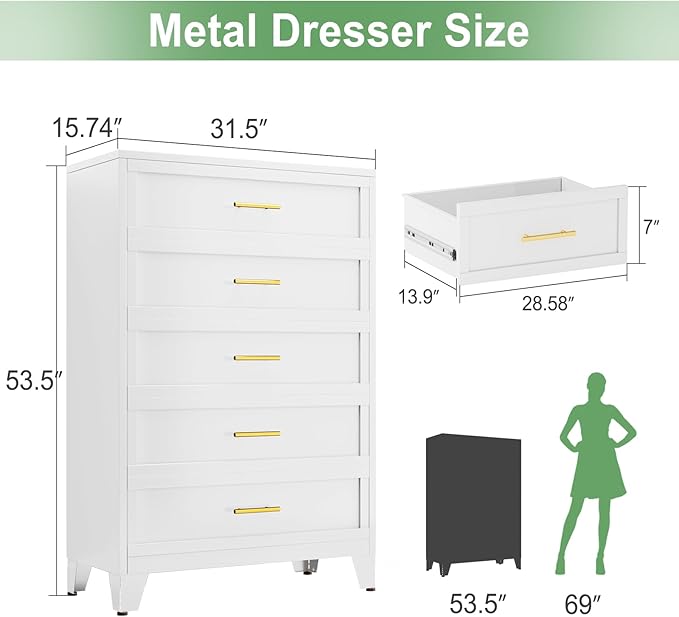 Metal Dresser Tall White Dresser for Bedroom Chest,53.54" H White Drawer Chest, Closet Dressers & Chests of Drawers for Living Room, Hallway (5 Drawers)