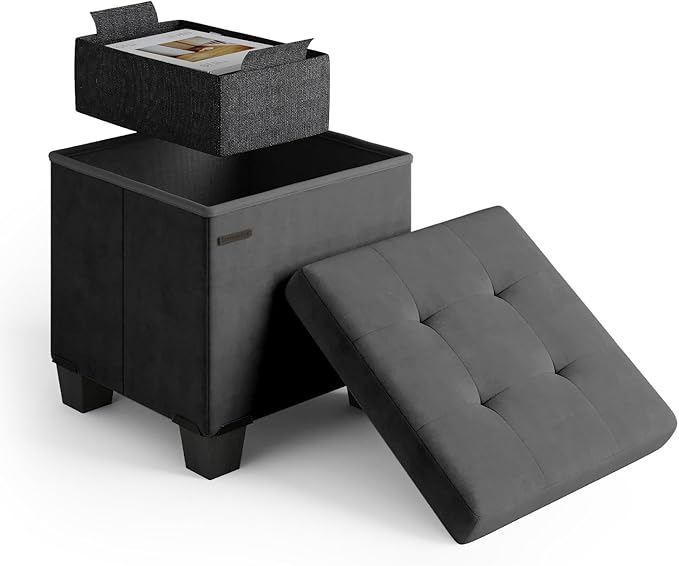 STORAGEBUD Storage Ottoman Cube with Small Bin, 15-in Square Ottoman with Storage for Living Room and Bedroom, Small Ottomans Foot Rest, Velvet Foot Stools Ottomans Max 330lbs, Grey