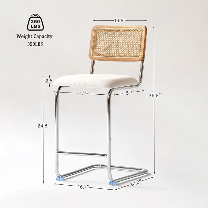 Natural Rattan Counter Height Stools Set of 3 with Solid Wood Back, 24 Inch Mid Century Modern Cesca Bar Stools, White Upholstery Boho Stool for Kitchen Counter with Metal Legs