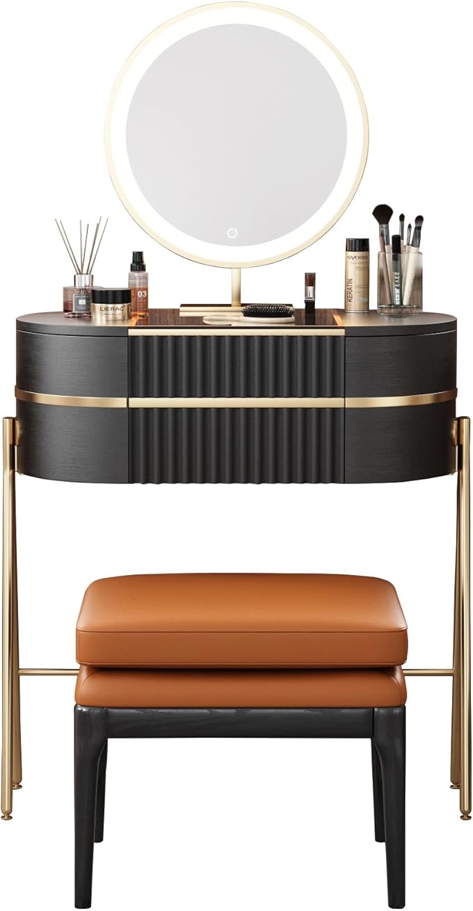 Makeup Vanity with Mirror and Lights - with LED Mirror,Glass Top for Bedroom,Stainless Steel Foot，White Wax Wood Stool