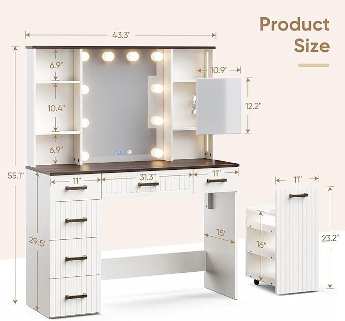Makeup Vanity Desk with Adjustable Mirror & Rolling Cart, White Vanity Table with LED Light Bulbs, 3 Lighting Modes, Power Strip, Ambient Light & 6 Storage Drawers