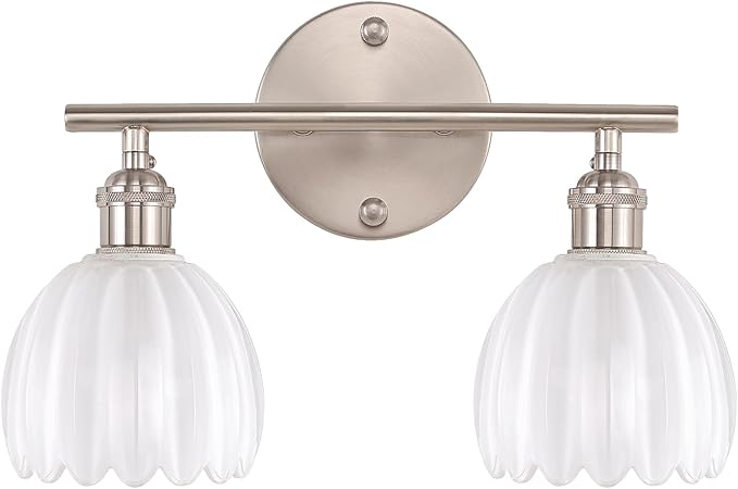 Bathroom Light Fixtures, 2-Light Vanity Wall Light Over Mirror with White Tulip Glass Shade for Bedroom Living Room, Satin Nickel